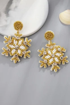 New Dear-Lover Christmas Snowflake Rhinestone Rice Beaded Drop Earrings Gold