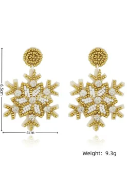 New Dear-Lover Christmas Snowflake Rhinestone Rice Beaded Drop Earrings Gold