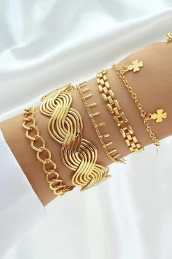Hot Dear-Lover Clover Charm Multi Layered Plated Adjustable Bracelet Set Gold