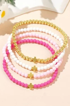 Online Dear-Lover Cross Beaded Multi Layered Elastic Bracelet Set Gold