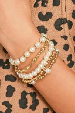 Online Dear-Lover Cross Pearls Decor Plated Beaded Multi Layer Bracelets Gold