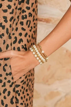 Online Dear-Lover Cross Pearls Decor Plated Beaded Multi Layer Bracelets Gold