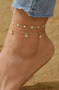 Fashion Dear-Lover Daisy & Pearl Chain Anklet Gold