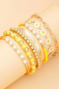 Discount Dear-Lover Daisy Beaded Chain Adjustable Multi Layer Bracelet Set Gold