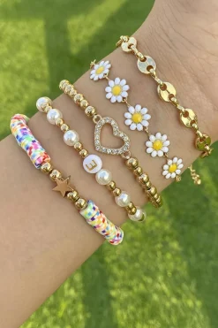 Clearance Dear-Lover Daisy Heart Pearl Beaded Multi Layer Bracelet Gold