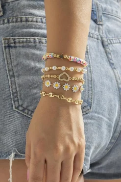 Clearance Dear-Lover Daisy Heart Pearl Beaded Multi Layer Bracelet Gold