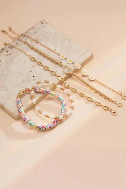 Clearance Dear-Lover Daisy Heart Pearl Beaded Multi Layer Bracelet Gold