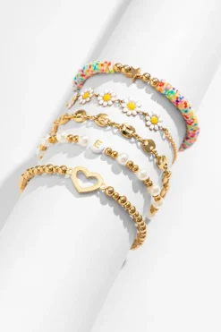 Clearance Dear-Lover Daisy Heart Pearl Beaded Multi Layer Bracelet Gold