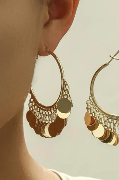 Sale Dear-Lover Disc Tasseled Hoop Earrings Gold