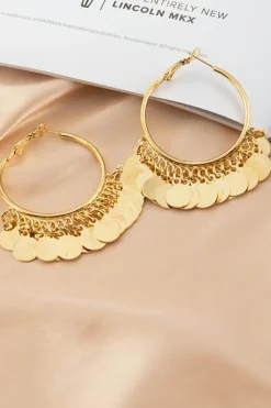 Sale Dear-Lover Disc Tasseled Hoop Earrings Gold