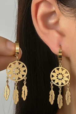 Best Dear-Lover Dream Catcher Feather Fringed Alloy Dangle Earrings Gold