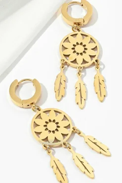 Best Dear-Lover Dream Catcher Feather Fringed Alloy Dangle Earrings Gold
