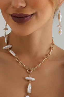 Sale Dear-Lover Faux Pearl Daisy Jointed Chain Choker Necklace Gold