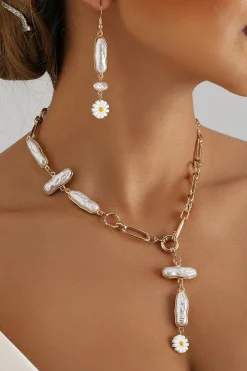 Sale Dear-Lover Faux Pearl Daisy Jointed Chain Choker Necklace Gold