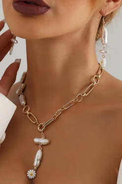 Sale Dear-Lover Faux Pearl Daisy Jointed Chain Choker Necklace Gold