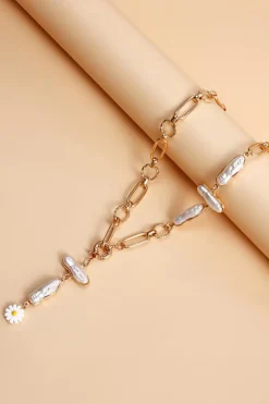 Sale Dear-Lover Faux Pearl Daisy Jointed Chain Choker Necklace Gold