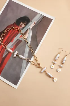 Sale Dear-Lover Faux Pearl Daisy Jointed Chain Choker Necklace Gold