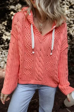 Best Dear-Lover Cable Knit V Neck Contrast Drawstring Hooded Sweater Gold Flame