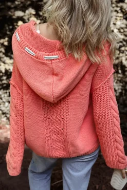 Best Dear-Lover Cable Knit V Neck Contrast Drawstring Hooded Sweater Gold Flame
