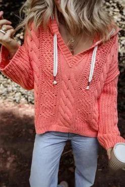 Best Dear-Lover Cable Knit V Neck Contrast Drawstring Hooded Sweater Gold Flame