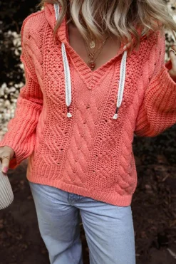 Best Dear-Lover Cable Knit V Neck Contrast Drawstring Hooded Sweater Gold Flame