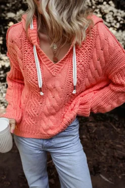 Best Dear-Lover Cable Knit V Neck Contrast Drawstring Hooded Sweater Gold Flame