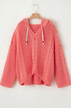 Best Dear-Lover Cable Knit V Neck Contrast Drawstring Hooded Sweater Gold Flame