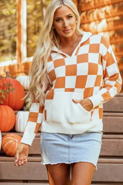 Outlet Dear-Lover Checkered Split Neck Contrast Kangaroo Pocket Hooded Sweater Gold Flame