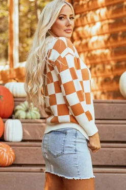 Outlet Dear-Lover Checkered Split Neck Contrast Kangaroo Pocket Hooded Sweater Gold Flame
