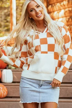 Outlet Dear-Lover Checkered Split Neck Contrast Kangaroo Pocket Hooded Sweater Gold Flame