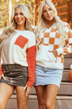 Outlet Dear-Lover Checkered Split Neck Contrast Kangaroo Pocket Hooded Sweater Gold Flame