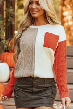 Fashion Dear-Lover Colorblock Patched Pocket Drop Shoulder Sweater Gold Flame