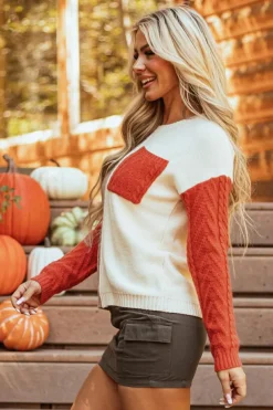 Fashion Dear-Lover Colorblock Patched Pocket Drop Shoulder Sweater Gold Flame