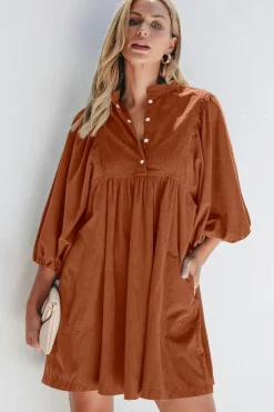Clearance Dear-Lover Corduroy Snap Buttons Empire Waist Bracelet Sleeve Dress Gold Flame