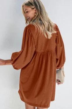 Clearance Dear-Lover Corduroy Snap Buttons Empire Waist Bracelet Sleeve Dress Gold Flame