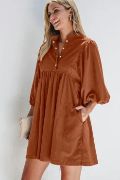 Clearance Dear-Lover Corduroy Snap Buttons Empire Waist Bracelet Sleeve Dress Gold Flame