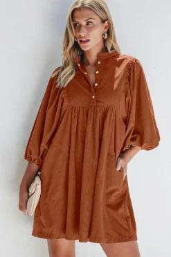 Clearance Dear-Lover Corduroy Snap Buttons Empire Waist Bracelet Sleeve Dress Gold Flame