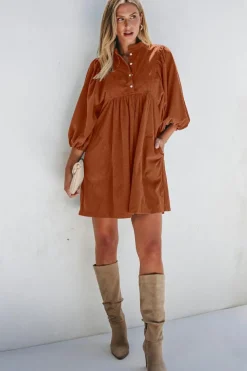 Clearance Dear-Lover Corduroy Snap Buttons Empire Waist Bracelet Sleeve Dress Gold Flame