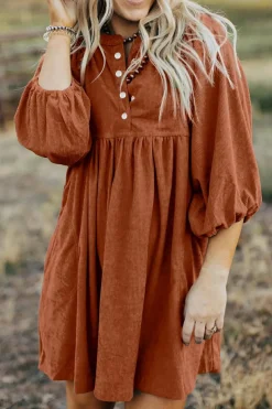 Clearance Dear-Lover Corduroy Snap Buttons Empire Waist Bracelet Sleeve Dress Gold Flame