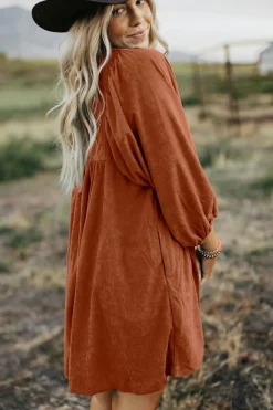 Clearance Dear-Lover Corduroy Snap Buttons Empire Waist Bracelet Sleeve Dress Gold Flame