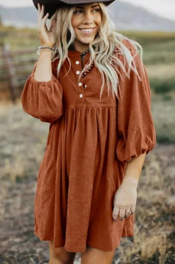 Clearance Dear-Lover Corduroy Snap Buttons Empire Waist Bracelet Sleeve Dress Gold Flame