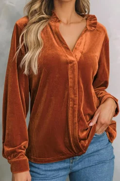 Sale Dear-Lover Frilled Collar Velvet Shirt Gold Flame