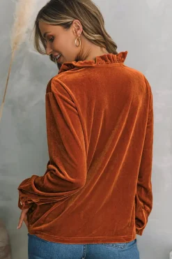 Sale Dear-Lover Frilled Collar Velvet Shirt Gold Flame