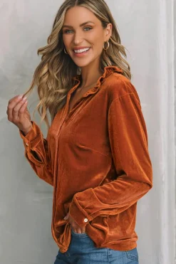 Sale Dear-Lover Frilled Collar Velvet Shirt Gold Flame