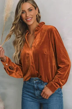 Sale Dear-Lover Frilled Collar Velvet Shirt Gold Flame