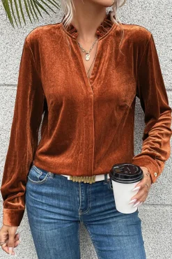 Sale Dear-Lover Frilled Collar Velvet Shirt Gold Flame