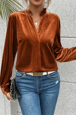 Sale Dear-Lover Frilled Collar Velvet Shirt Gold Flame