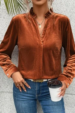 Sale Dear-Lover Frilled Collar Velvet Shirt Gold Flame