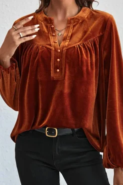 Discount Dear-Lover Lantern Sleeve Beaded Split V Neck Velvet Top Gold Flame