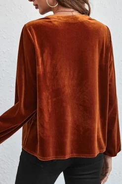 Discount Dear-Lover Lantern Sleeve Beaded Split V Neck Velvet Top Gold Flame